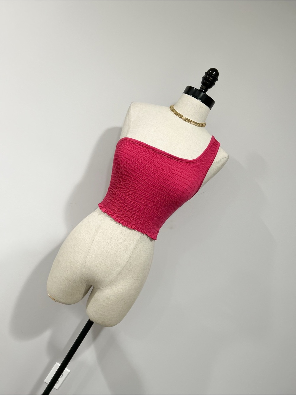 gaze Hot Pink One-Shoulder Smocked Crop Top
